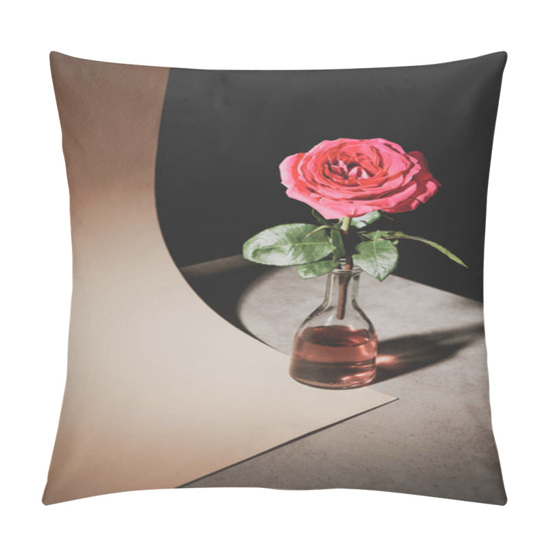 Personality  Pink Rose Flower In Glass Bottle On Stone Table With Sheet Of Paper Isolated On Black Pillow Covers