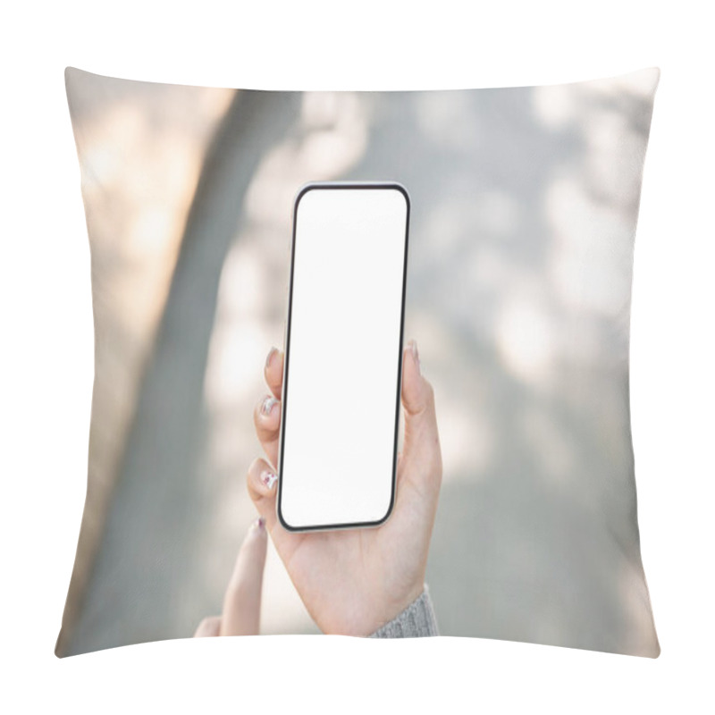 Personality  A Close-up Of A Woman Sitting Outdoors In A Park On A Bright Day, Using Her Smartphone, Touching The Screen. People And Technology Concepts Pillow Covers