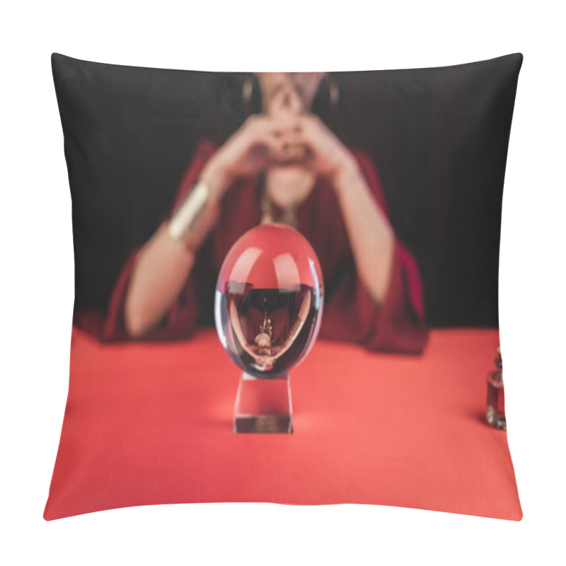 Personality  Cropped View Of Magic Orb Near Blurred Fortune Teller Isolated On Black  Pillow Covers