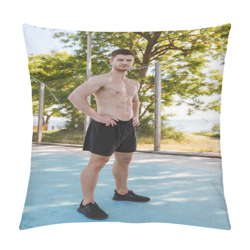 Personality  Confident Shirtless Sportsman In Shorts Standing Outdoors At The Playground And Looking At Camera Pillow Covers