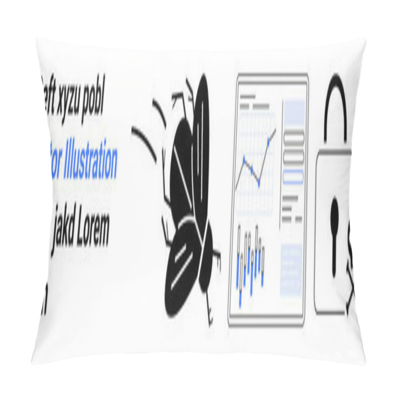 Personality  Text On The Left, Flying Bug, Financial Analytics Dashboard With Charts, Padlock With Skull And Crossbones Icon. Ideal For Cybersecurity, Data Protection, Analytics Visualization, Software Bugs Pillow Covers