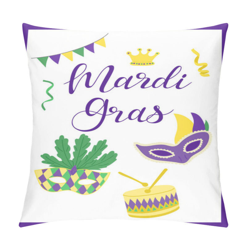 Personality  Mardi Gras Banner With Vibrant Masks, A Drum, Bunting, Streamers, And A Crown, With Bold Mardi Gras Text On White Background Bordered In Purple. Pillow Covers