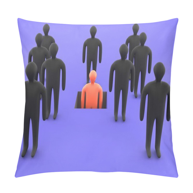 Personality  Cancel Culture, Freedom Of Speech Concept. Many Human Figures Cancel One. Bulling, Ignoring, Boycott In Society. 3D Render Pillow Covers