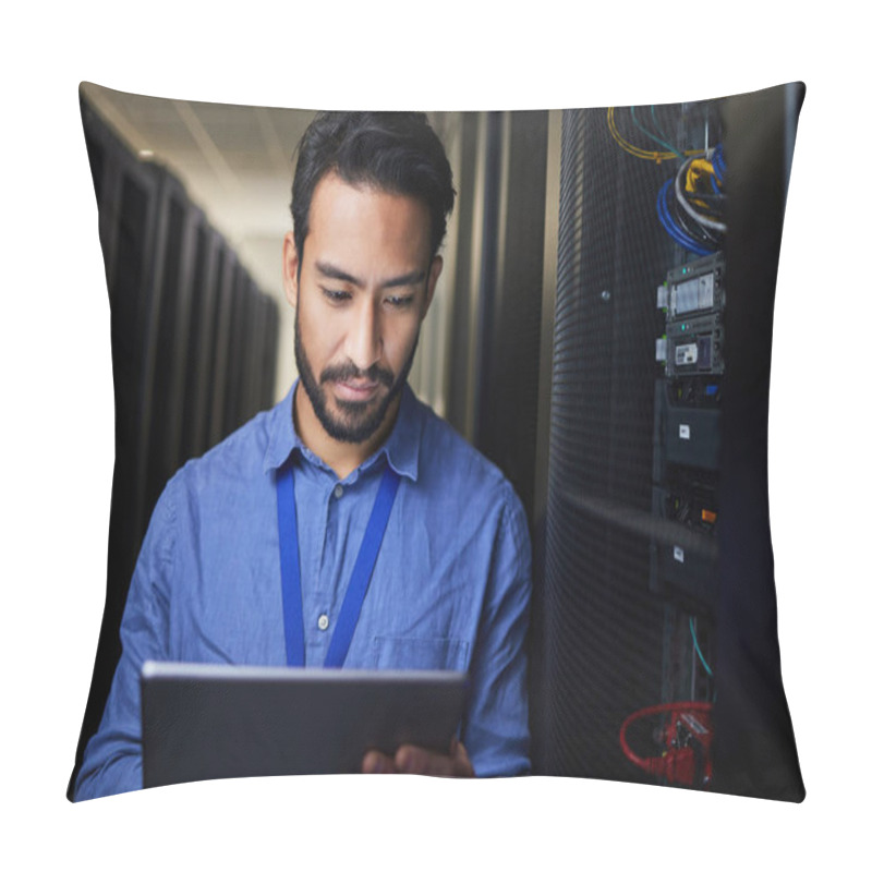 Personality  Tablet, Man And Engineer In Server Room On Research For Programming At Night. Information Technology, Inspection And Technician In Data Center Reading, Network Maintenance Or Typing Code For Software. Pillow Covers