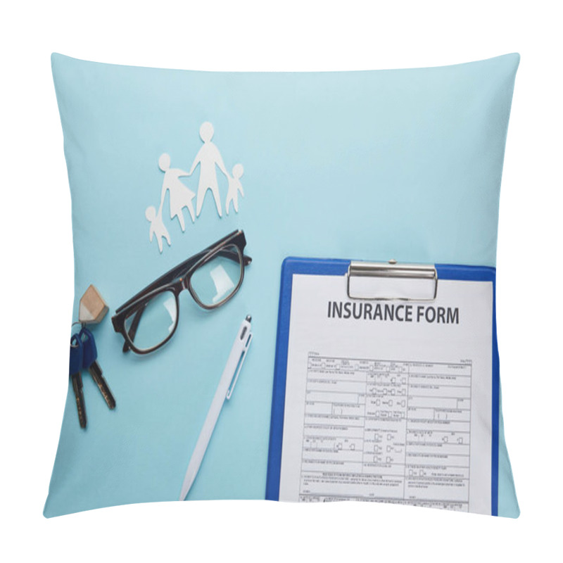 Personality  Top View Of Insurance Form, Eyeglasses, Pen, Paper Cut Family And Keys Isolated On Blue     Pillow Covers