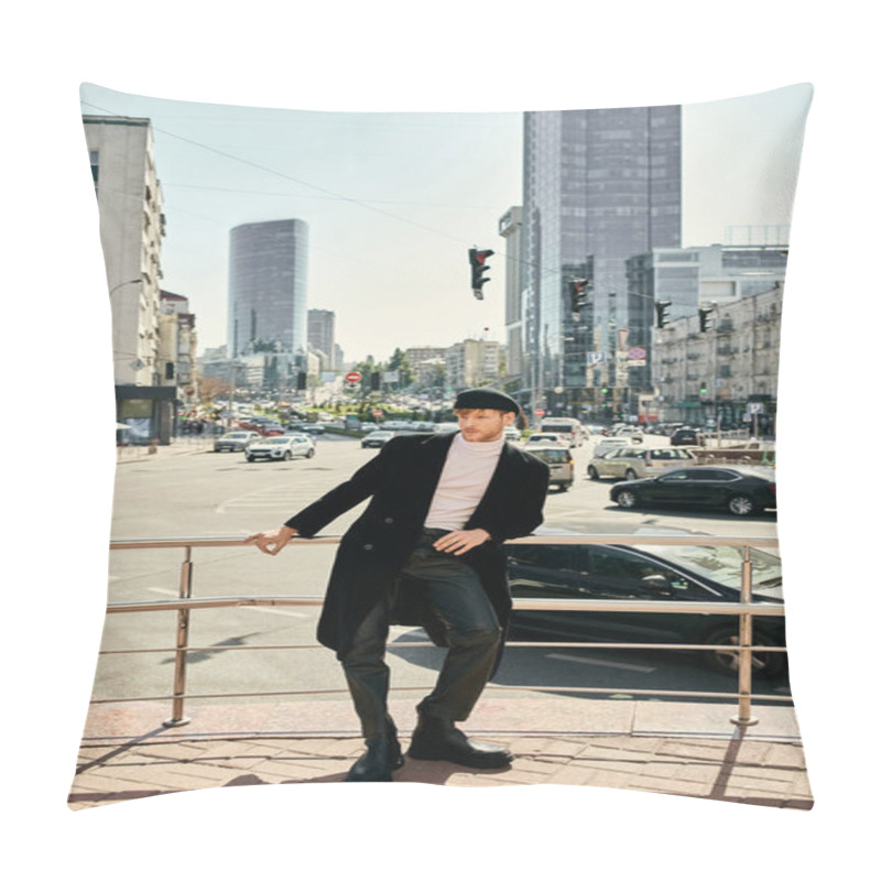 Personality  A Debonair Young Man With Red Hair Leaning On A Rail In The Vibrant City. Pillow Covers