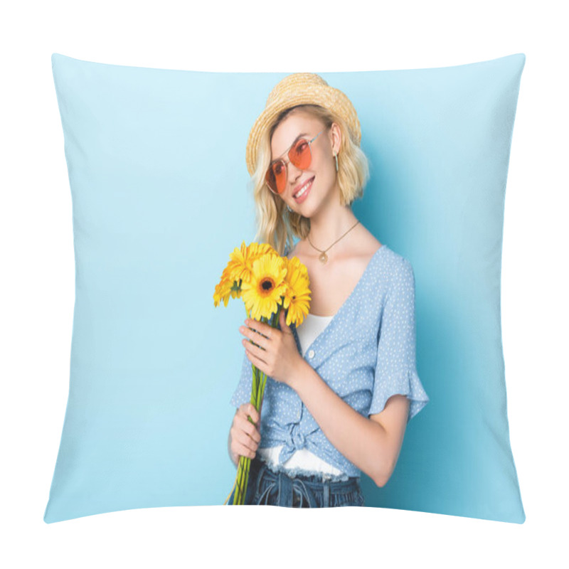 Personality  Woman In Straw Hat And Sunglasses Holding Flowers On Blue Pillow Covers