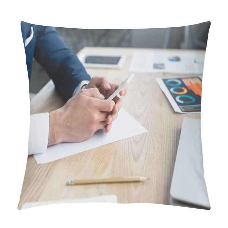 Personality  Cropped View Of Businessman Messaging On Mobile Phone Near Devices And Papers With Graphs Pillow Covers