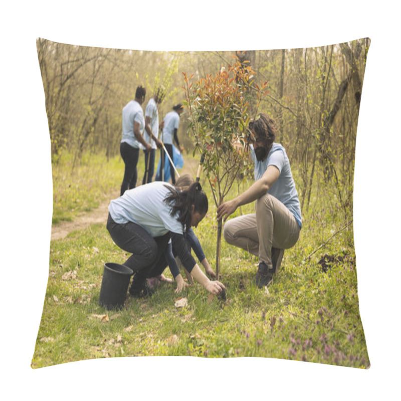 Personality  Activists Group Doing Voluntary Work To Grow Trees In The Forest, Covering Holes In The Ground With Seedlings To Increase Vegetation. Contributing To Reforestation Mission, Community Outreach. Pillow Covers