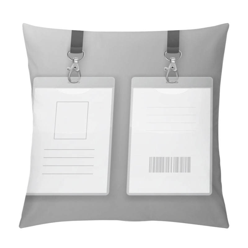 Personality  Two Vector Realistic Blank Office Graphic Id Cards With Clasp And Lanyard Closeup Isolated. Front And Back Side. Design Template Of Identification Card For Mockup. Identity Card Mock-up In Top View Pillow Covers