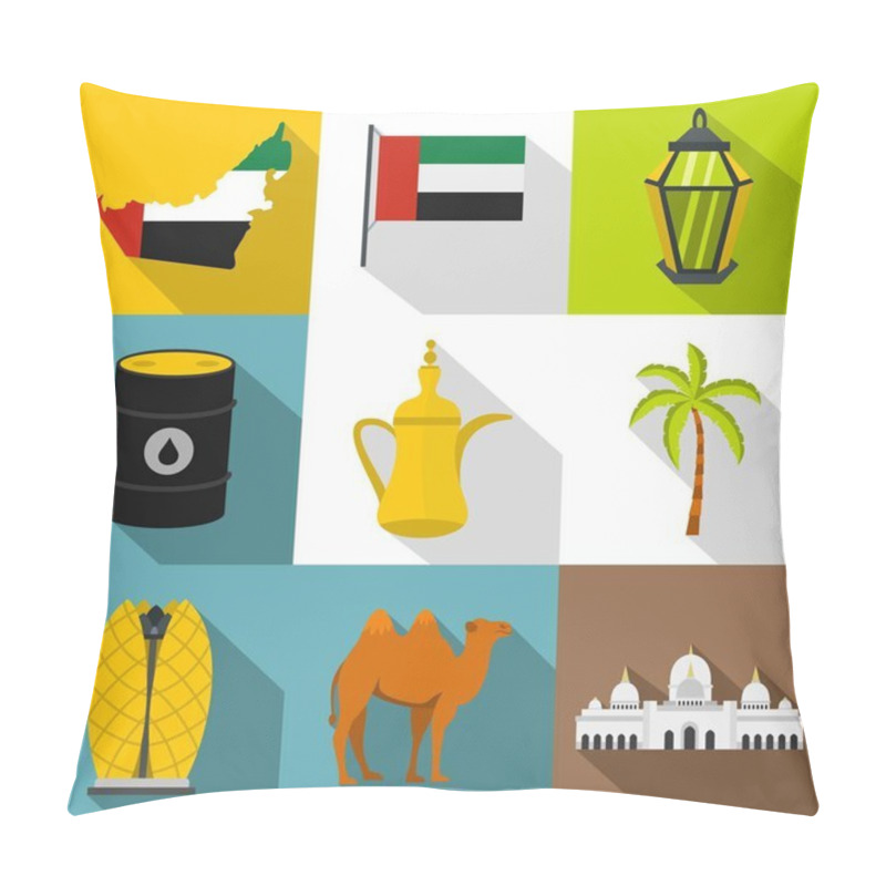 Personality  State Of UAE Icons Set, Flat Style Pillow Covers