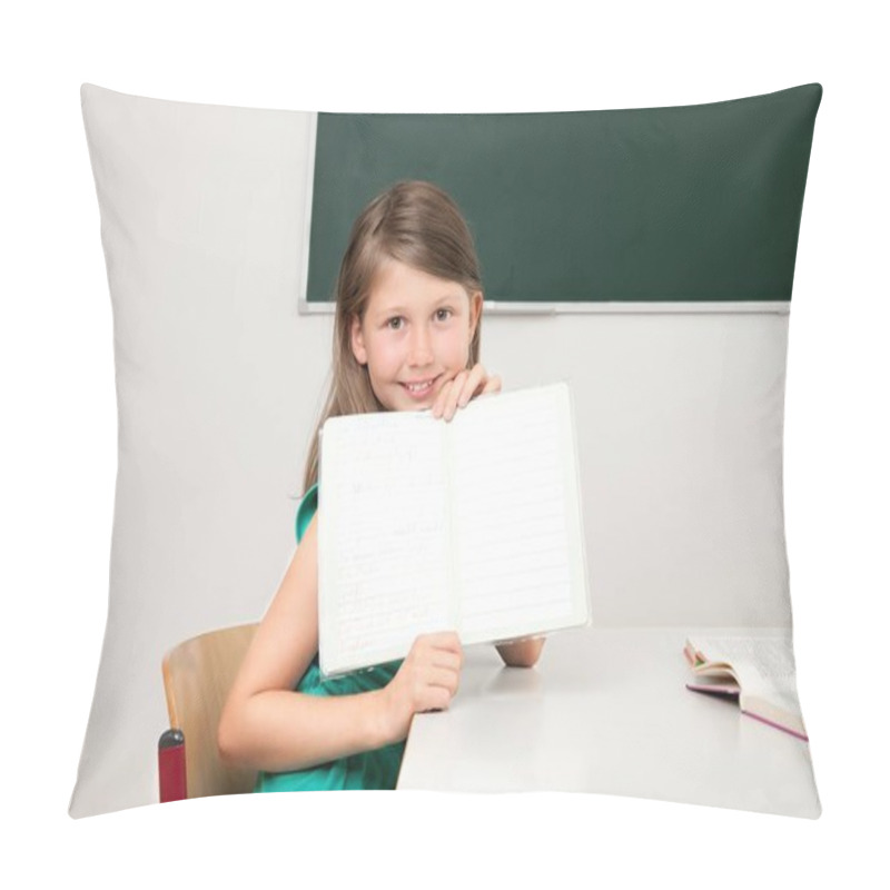 Personality  Schoolgirl Showing Her Workbook Pillow Covers