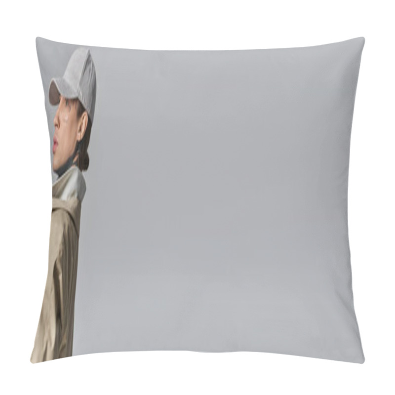 Personality  A Tattooed Young Man In Trench Coat And Hat Gazes Into The Distance Against A Grey Backdrop. Pillow Covers