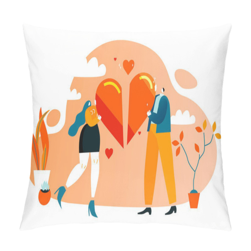 Personality  Characters Hold Heart Halves. Vector Illustration EPS 10 Isolated On White Pillow Covers