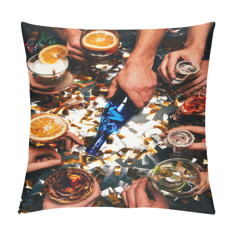 Personality  Partial View Of Friends With Various Alcoholic Cocktails Playing Spin The Bottle At Table Covered By Golden Confetti  Pillow Covers