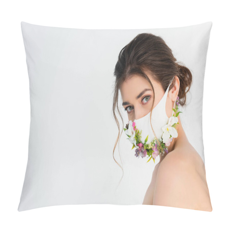 Personality  Sensual Woman In Medical Mask, Decorated With Flowers, Looking At Camera Isolated On Grey Pillow Covers