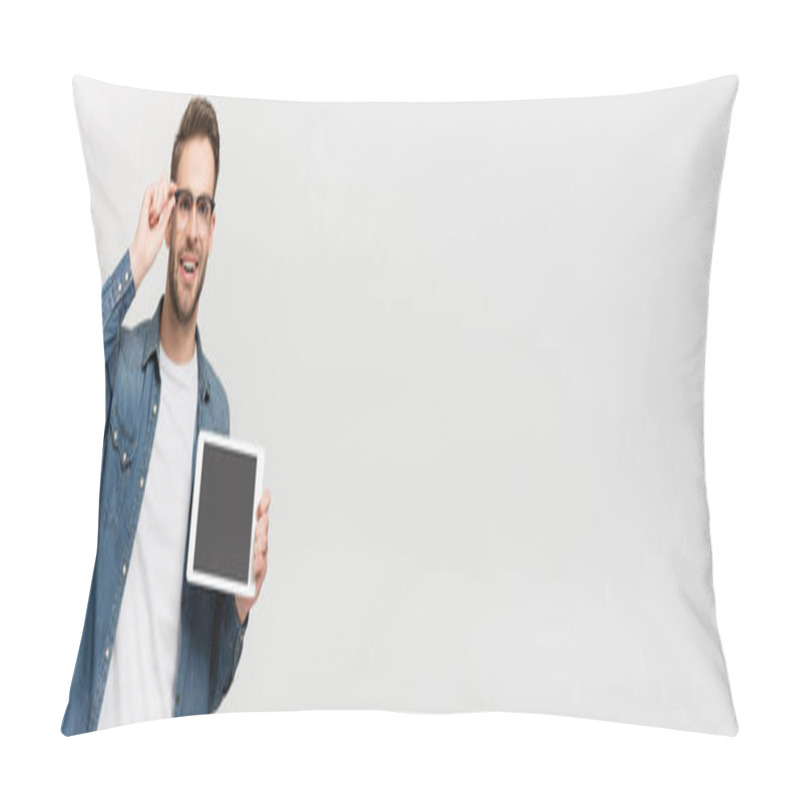 Personality  Young Man Smiling While Holding Digital Tablet With Blank Screen And Touching Eyeglasses Isolated On Grey, Banner  Pillow Covers