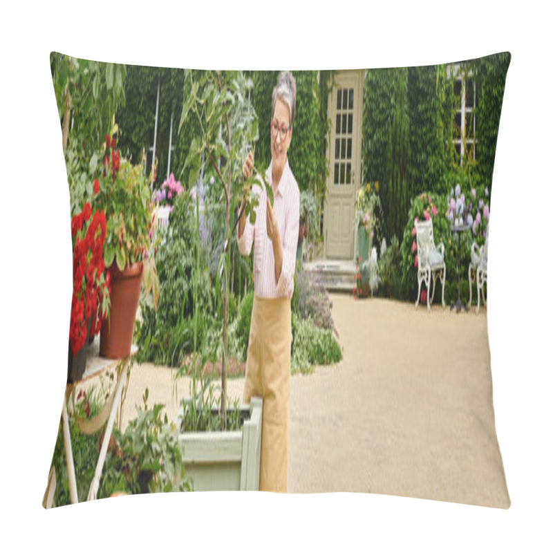 Personality  Cheerful Mature Woman In Cozy Attire Taking Care Of Vivid Flowers Near Her House In England, Banner Pillow Covers