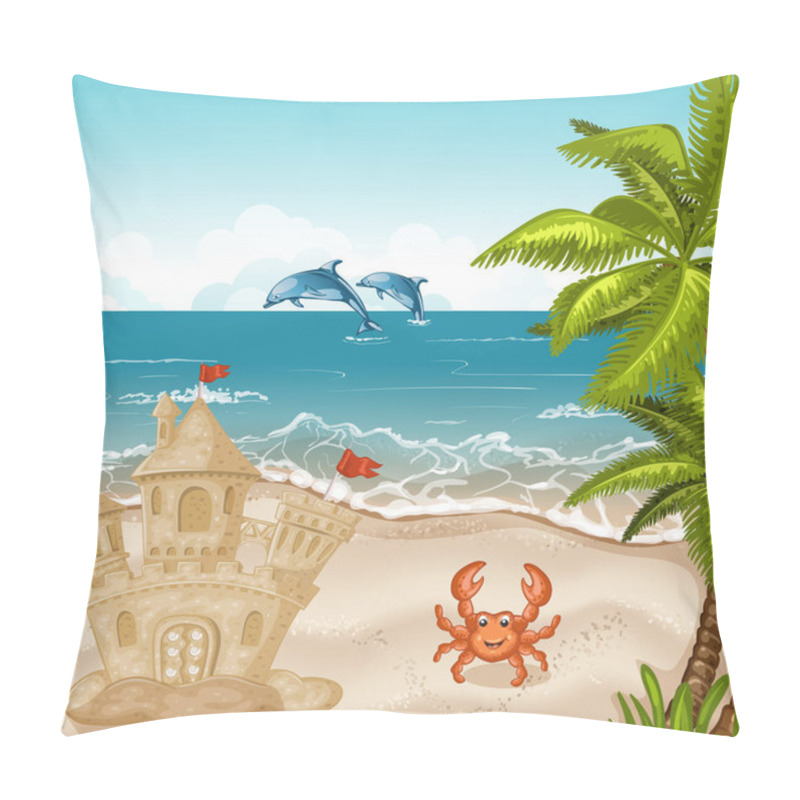 Personality  Illustration Of Crab And Sand Castle On The Beach.  Pillow Covers