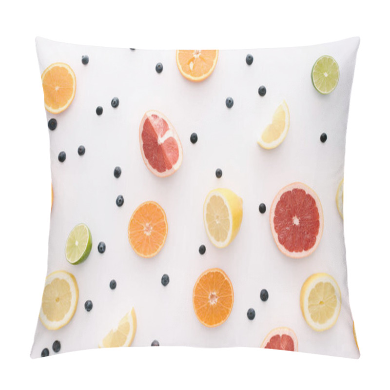 Personality  Top View Of Citrus Fruits Slices And Blueberries On White Surface Pillow Covers