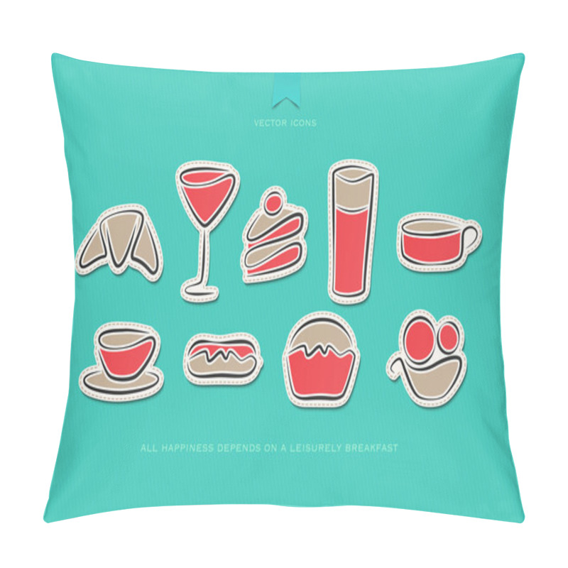 Personality  Set Of Hand Drawn Style Breakfast Stickers Over Blue Paper Background. Vector Morning Food And Drink Labels Design. Cafe And Restaurant Menu Tags. Bakery Logo Design Pillow Covers