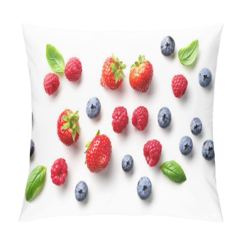 Personality  Composition Of Fresh Berries And Green Leaves Isolated On White Background, Top View Pillow Covers