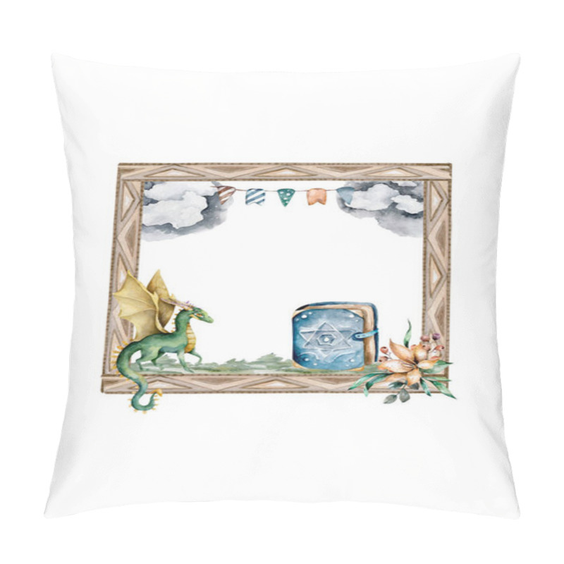 Personality  Frame Of Fairytal Dragong. Greering, Invite Card. Fantasy Square Banner. Isolated. Hand Drawn Watercolor Art Pillow Covers