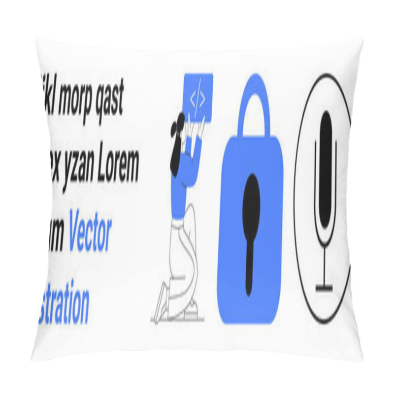 Personality  Woman Holding Up Code On A Laptop, Blue Lock Icon, And Black Microphone Icon. Ideal For Technology, Cybersecurity, Software Development, Communication, Digital Security, Web Development, Programming Pillow Covers