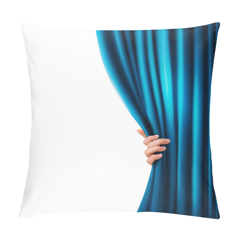 Personality  Background With Blue Velvet Curtain And Hand. Vector Illustration. Pillow Covers