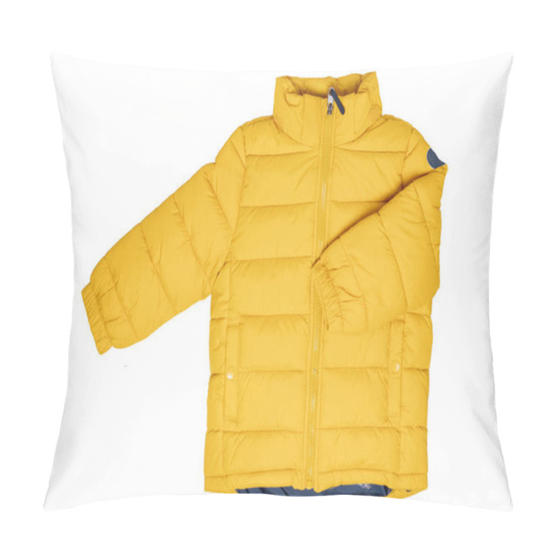 Personality  Winter Jackets For Children. Stylish, Yellow, Warm Down Jacket For Children With Removable Hood, Isolated On A White Background. Winter Fashion. Pillow Covers