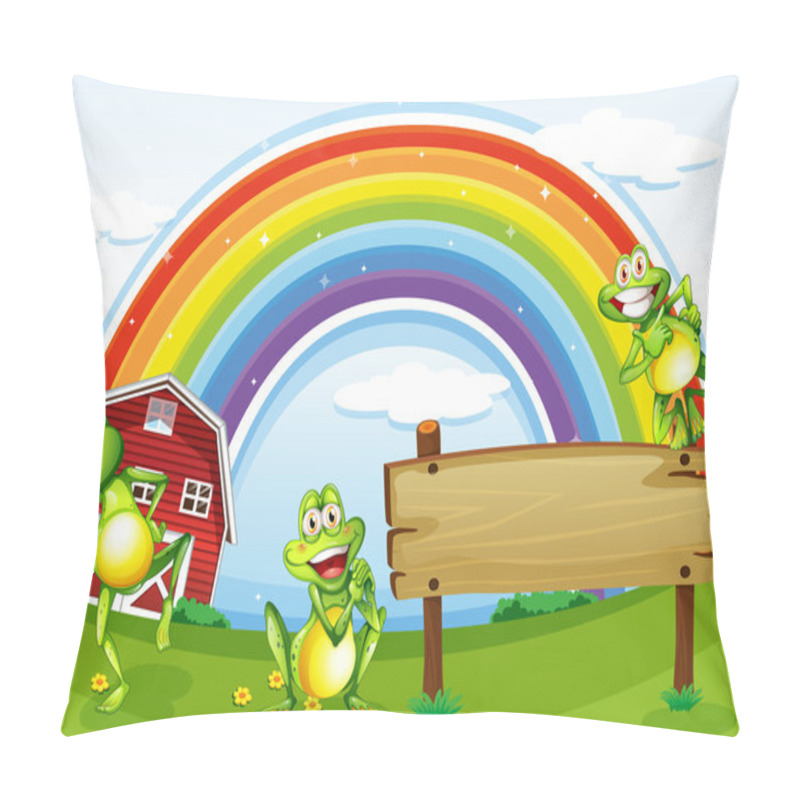 Personality  An Empty Wooden Board With Frogs And A Rainbow In The Sky Pillow Covers