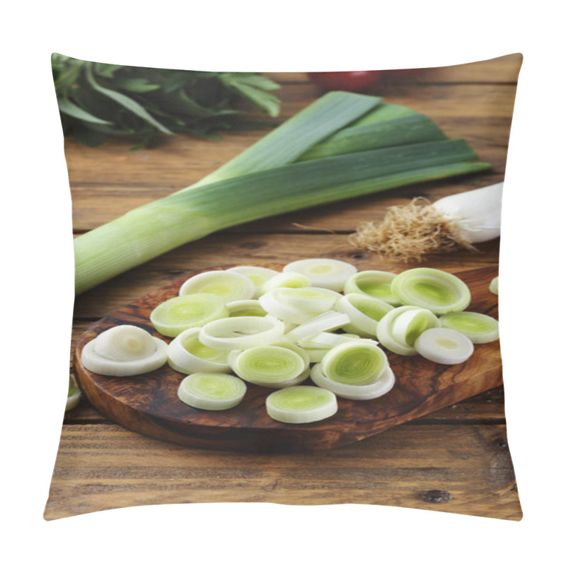 Personality  Close Up Raw Leek On Rustic Kitchen Table Pillow Covers