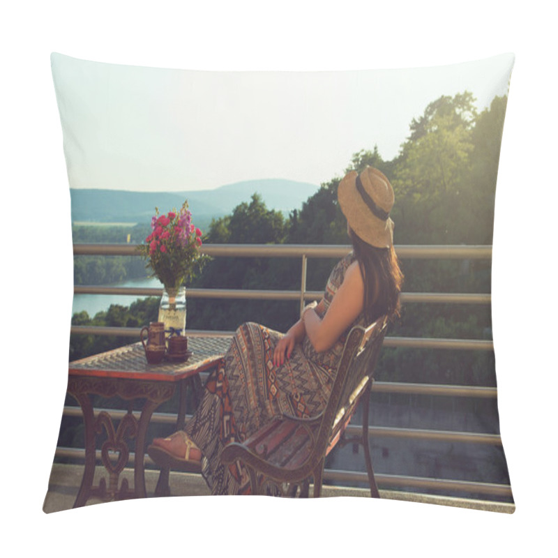 Personality  Woman Is Drinking Coffee On Balcony Pillow Covers