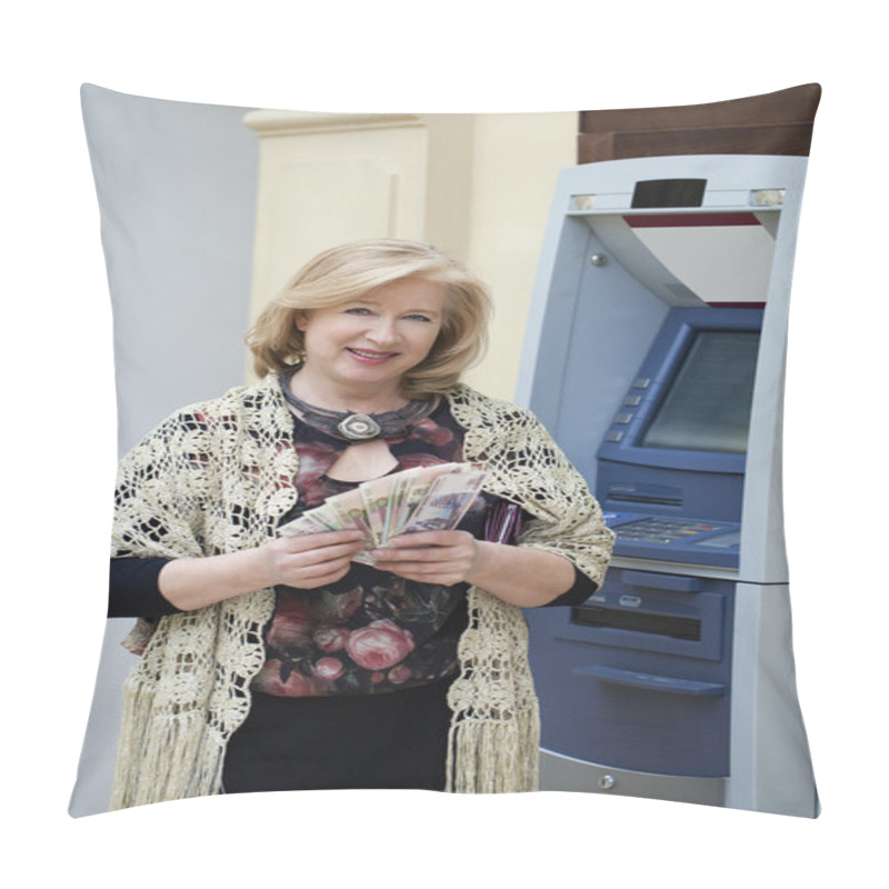 Personality  Mature Blonde Woman Counting Money Near ATM Pillow Covers