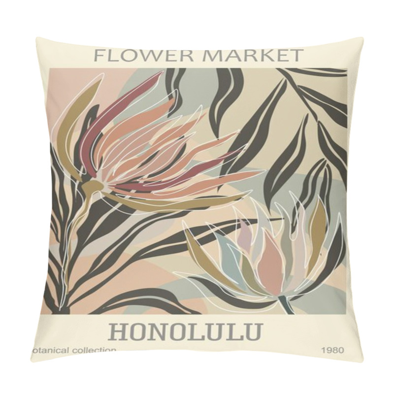 Personality  Abstract Poster - Flower Market Honolulu. Trendy Botanical Wall Arts With Floral Design In Danish Pastel Colors. Modern Naive Groovy Funky Interior Decorations, Paintings. Vector Art Illustration. Pillow Covers