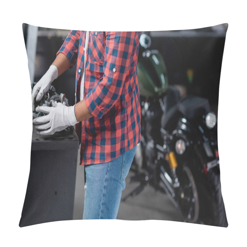 Personality  Cropped View Of Mechanic Checking Disassembled Gearbox Near Motorbike On Blurred Background Pillow Covers