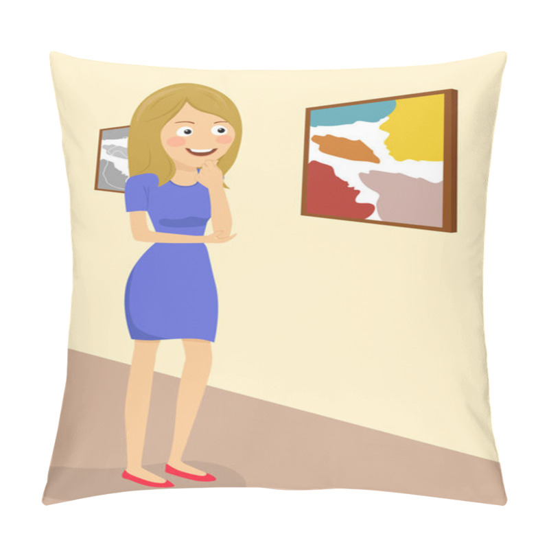 Personality  Young Woman In Gallery Room Looking At Abstract Paintings Pillow Covers