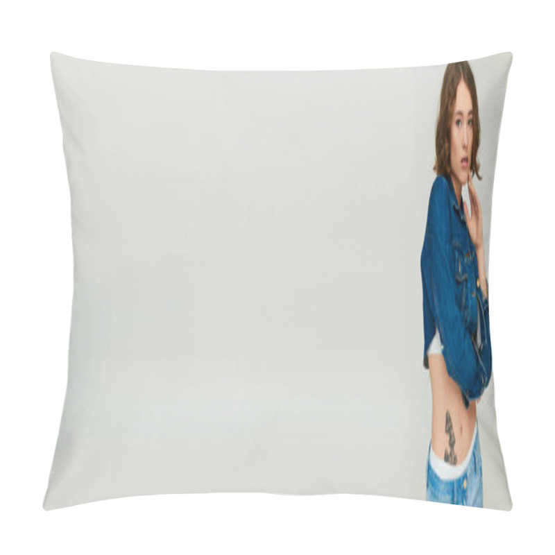 Personality  Fashionable Young Model In Cropped Denim Jacket And Blue Jeans Posing On Grey Backdrop, Banner Pillow Covers