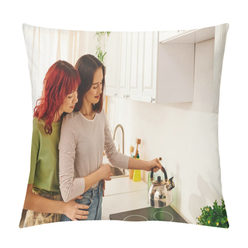 Personality  Cozy Domestic Scene Of A Lesbian Couple Making Tea, A Simple Content Moment Of Togetherness Pillow Covers