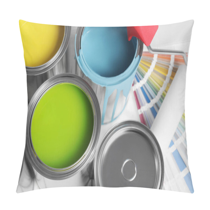 Personality  Cans Of Paints, Roller And Palette On White Background, Above View Pillow Covers