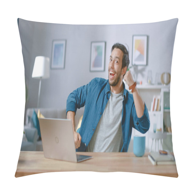 Personality  Handsome Happy Man Does Funny Dance Routine While Sitting At His Desk In The Living Room. Pillow Covers