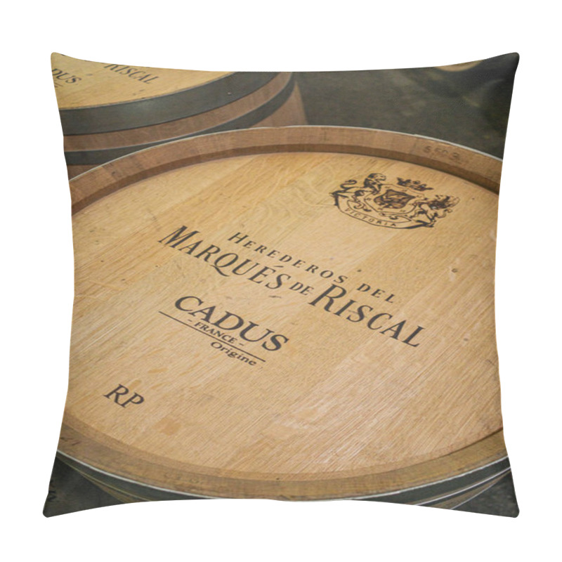 Personality  Elciego, Spain - 28 Dec, 2024: Wine Barrels In The Cellars Of The Marque De Riscal Winery, Rioja Alvesa, Spain Pillow Covers