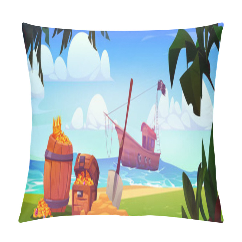 Personality  Pirates On Black Flagged Ship Came Ashore To Hide And Bury Treasure. Cartoon Barrel And Chest With Gold Coins And Diamond Jewelry And Shovel On Beach Of Sea Or Ocean In Which Corsair Boat Floating. Pillow Covers