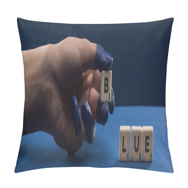 Personality  Cropped View Of Female Hand With Painted Fingers Near Cubes With Blue Lettering Isolated On Blue, Panoramic Shot Pillow Covers