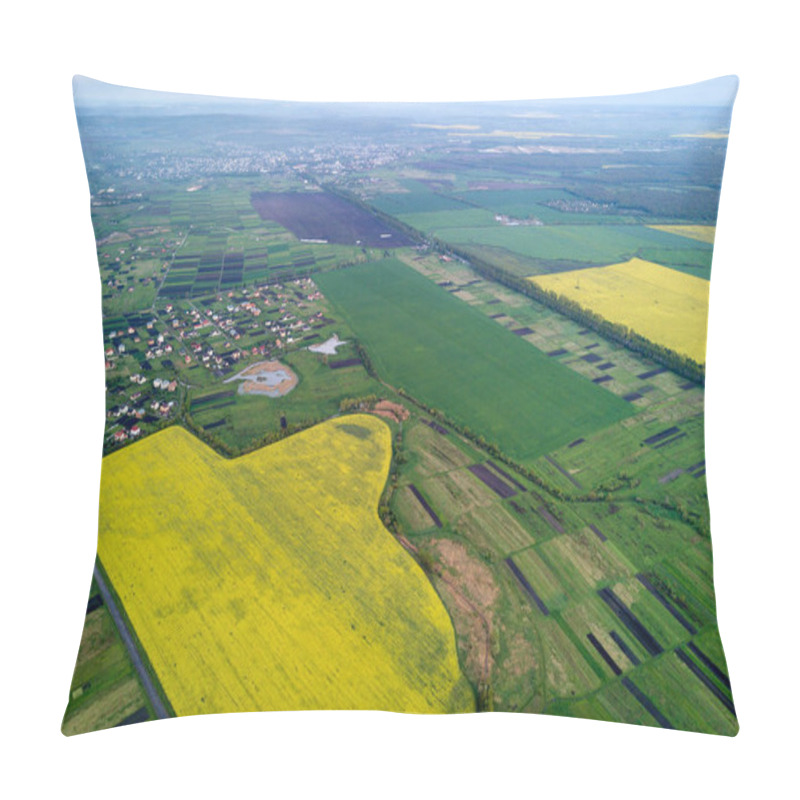 Personality  Rural Landscape On Spring Or Summer Day. Aerial View Of Green, Plowed And Blooming Fields, House Roofs On Sunny Dawn. Drone Photography. Pillow Covers