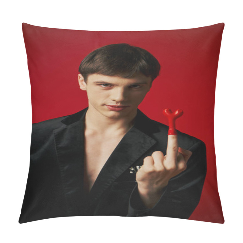 Personality  Provocative Man In Velvet Blazer Showing Middle Finger With Balloon On Red Background, 14 February Pillow Covers