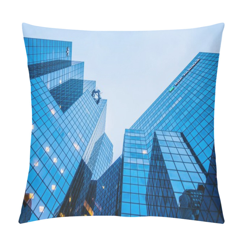 Personality  Montreal, Canada - November 25, 2017: Abstract And Complex Blue Skyscraper Structure Downtown In Montreal With Sky In Background Pillow Covers