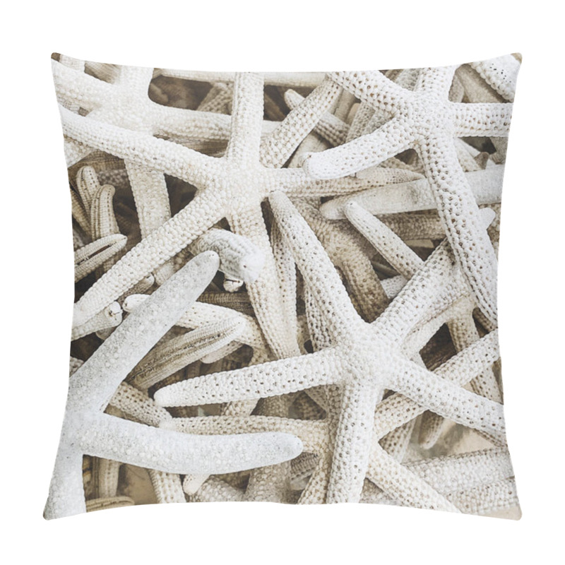 Personality  Travel And Summer Concept. Beautiful Marine White Five-finger Starfishes. Exotic Texture And Pattern. Flat Lay, Top View. Pillow Covers