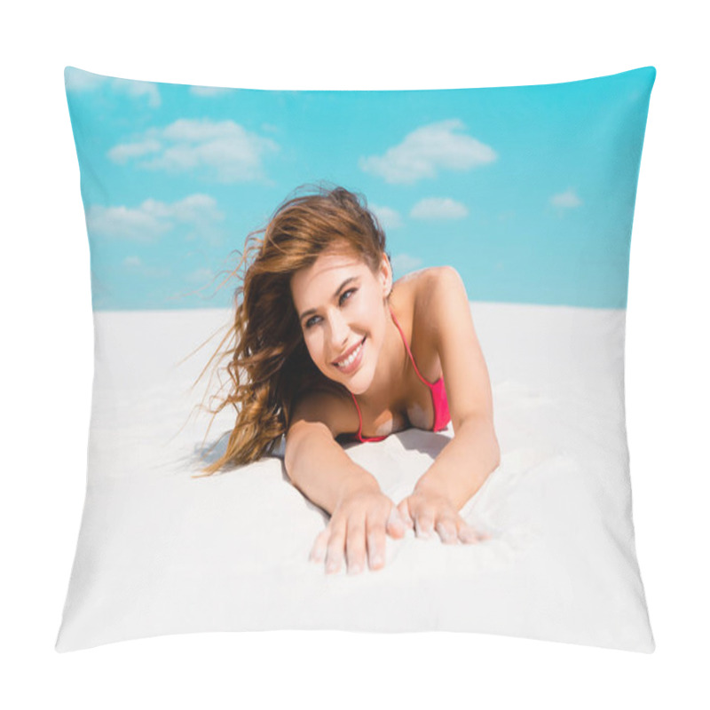 Personality  Smiling Beautiful Sexy Girl In Swimsuit Lying On Sandy Beach With Blue Sky And Clouds At Background Pillow Covers