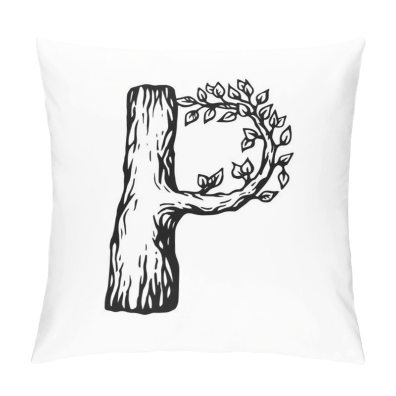 Personality  Black Engraving Letter P Made Of Wood With Leaves On The White Background Pillow Covers